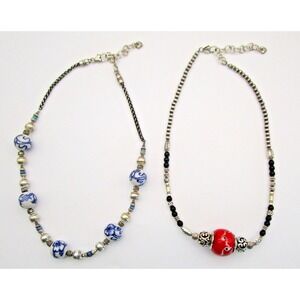 Brighton Lot of 2 Necklaces Art Painted Beads Floral Blue White & Red Retired